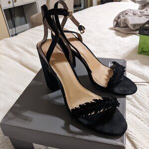ANN TAYLOR LOFT suede floral leaf stacked Block heels With ankle straps